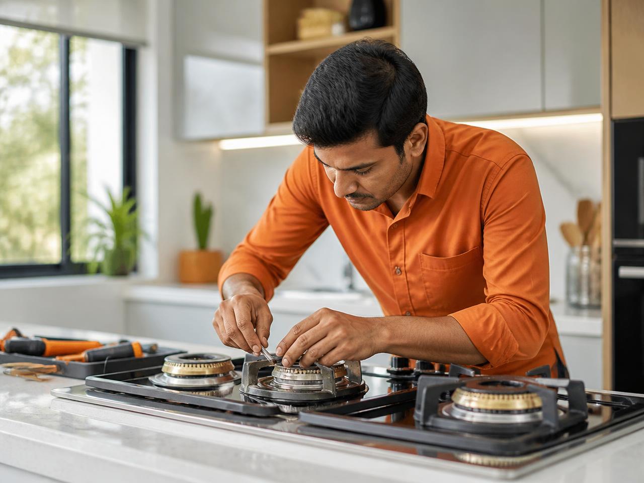 Technician repairing a modern gas stove in a Pune kitchen